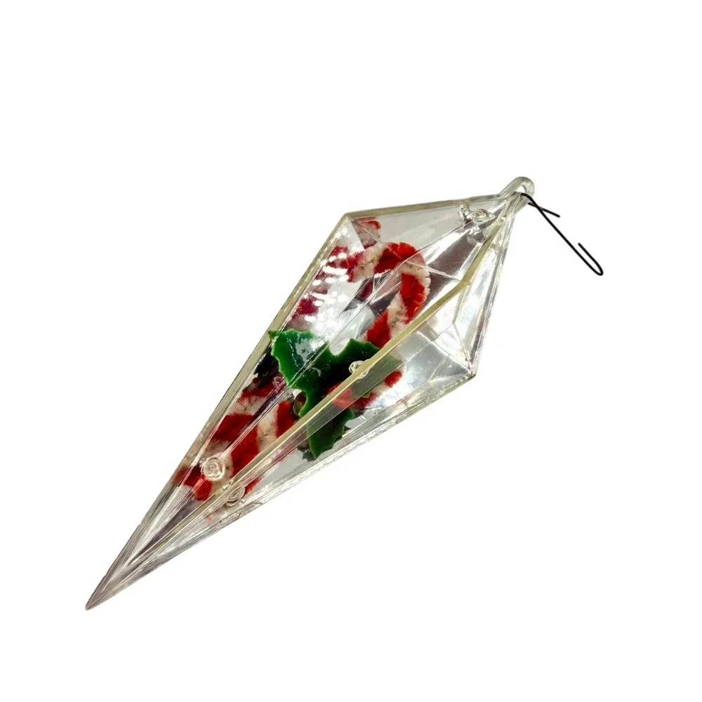 Jewelbrite Mid Century Pink Plastic Diorama‎ Icicle Ornament Candy Cane Holly